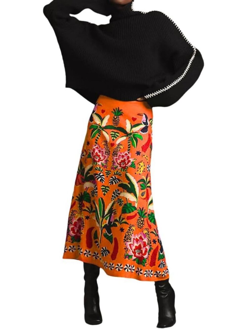 Tropical Floral Midi Skirt - Pink A-Line with Zipper, Perfect for Spring